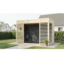 Garage à vélos en bois avec deux vélos et accessoires