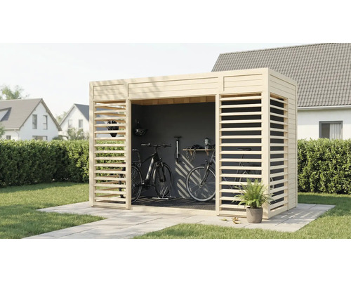 Garage à vélos en bois avec deux vélos et accessoires
