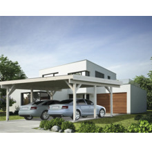 Double carport en bois devant une maison avec deux voitures garées