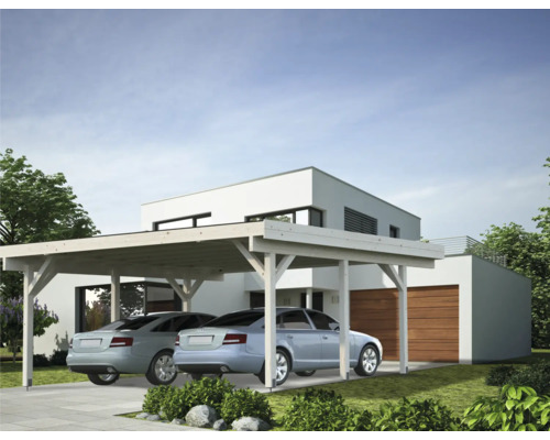 Double carport en bois devant une maison avec deux voitures garées