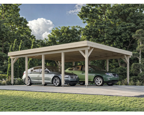 Double carport en bois avec deux voitures garées