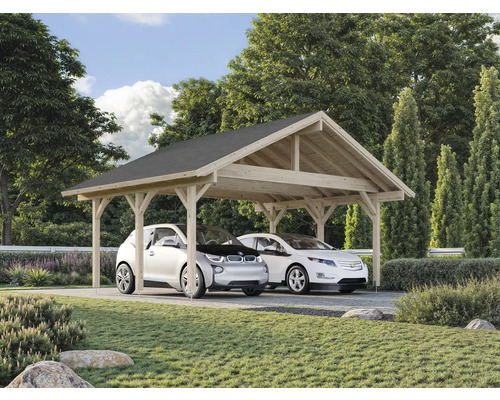 Doppelcarport aus Holz mit zwei parkierten Autos