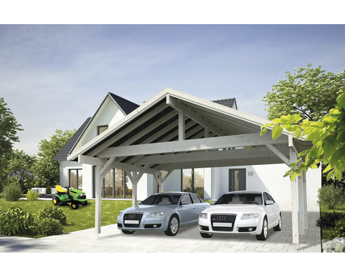 Doppelcarport aus Holz mit zwei parkierten Autos