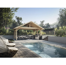 Einladende Gartenszene mit Pool, Pavillon, Grillplatz und Sitzbereich