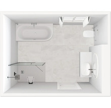 Vue de dessus d'une salle de bains avec baignoire, douche, toilettes et lavabo