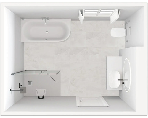 Vue de dessus d'une salle de bains avec baignoire, douche, toilettes et lavabo