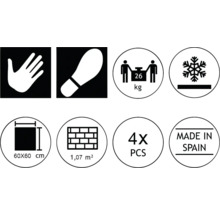 Pictogrammes pour contact manuel, résistance au glissement, poids, résistance au gel, dimensions des carreaux, mètres carrés par paquet, nombre de pièces par paquet et pays d'origine