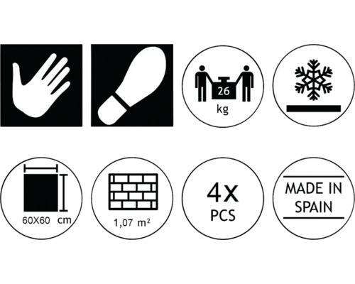 Pictogrammes pour contact manuel, résistance au glissement, poids, résistance au gel, dimensions des carreaux, mètres carrés par paquet, nombre de pièces par paquet et pays d'origine