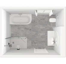 Vue de dessus d'une salle de bains avec baignoire, douche, toilettes et lavabo