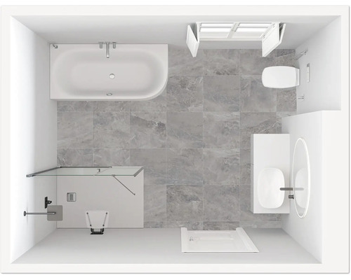 Vue de dessus d'une salle de bains avec baignoire, douche, toilettes et lavabo