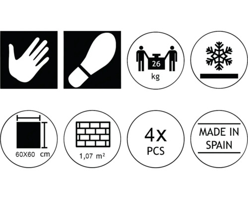 Symboles et labels pour carreaux : main, chaussure, capacité de charge de 26 kilogrammes, résistance au gel, taille des carreaux 60x60 cm, surface de 1,07 mètre carré, quatre pièces, fabriqué en Espagne