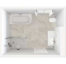 Vue de dessus d'une salle de bains avec baignoire, toilettes, lavabo et douche