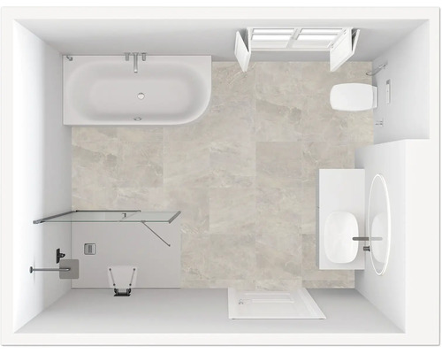 Vue de dessus d'une salle de bains avec baignoire, toilettes, lavabo et douche