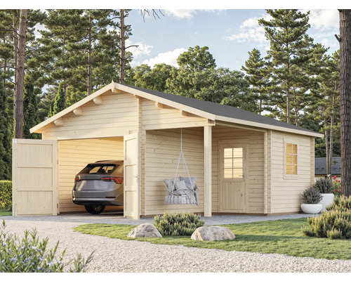 Garage en bois avec voiture, annexe et fauteuil suspendu dans un paysage de jardin