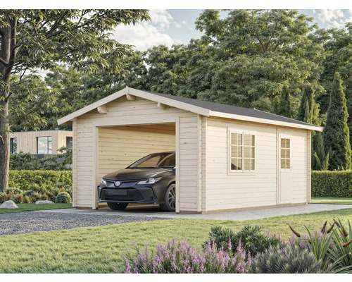 Garage en bois avec voiture dans le jardin