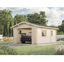 Garage en bois avec portail ouvert et voiture garée dans le jardin