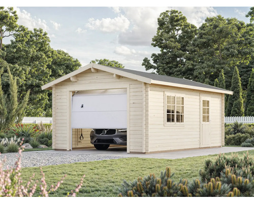 Garage en bois avec porte sectionnelle partiellement ouverte et voiture garée