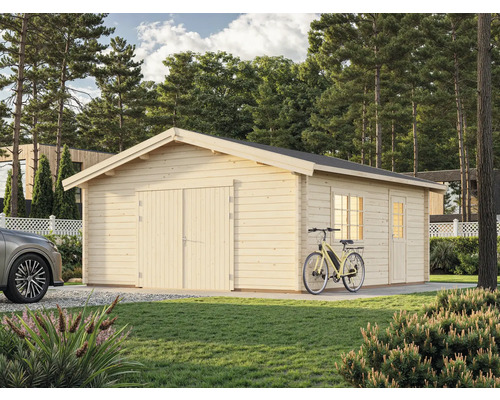 Garage en bois avec double porte et entrée latérale dans le jardin