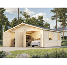 Garage en bois avec deux voitures et portes battantes