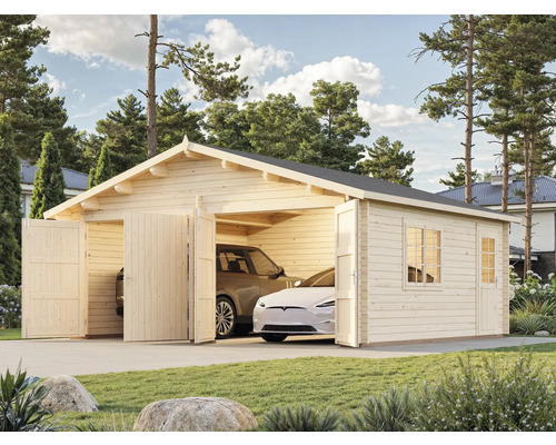 Garage en bois avec deux voitures et portes battantes