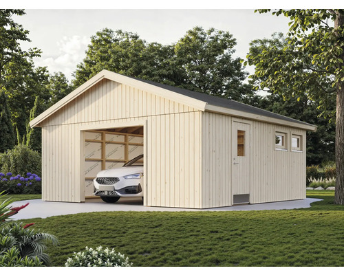 Garage en bois avec une voiture devant