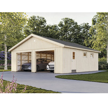 Doppelgarage aus Holz mit zwei geparkten Autos