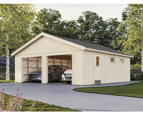 Doppelgarage aus Holz mit zwei geparkten Autos