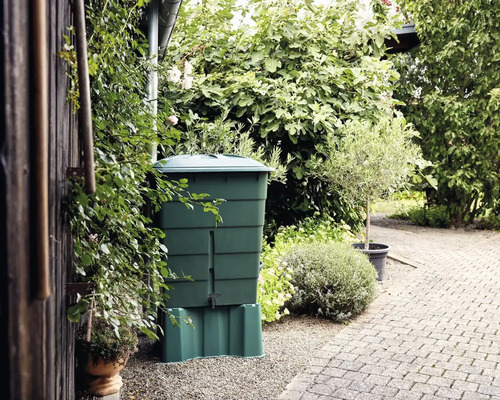 Regentonne aus Kunststoff im Garten mit Pflanzen