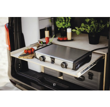 Cuisine de camping avec plaque de cuisson, herbes aromatiques, tomates et planche à découper dans le coffre d'une voiture.