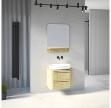 Salle de bain moderne avec meuble sous-vasque bois clair, vasque à poser, miroir avec tablette et radiateur design noir.