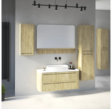 Ensemble de meubles de salle de bains moderne en aspect bois clair avec meuble sous-vasque, vasque à poser, miroir et colonnes.
