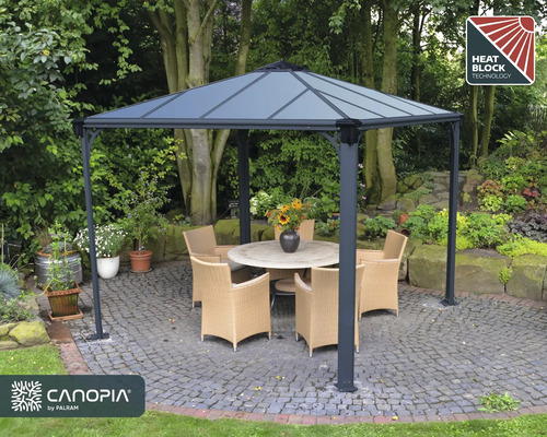 Pavillon mit Tisch und Stühlen im Garten