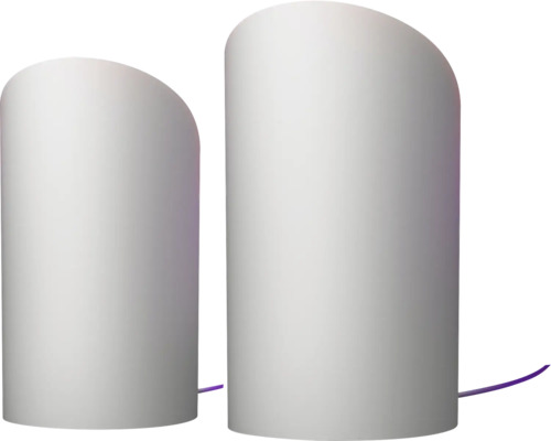 Zwei weisse Tischleuchten mit abgerundeten Oberseiten