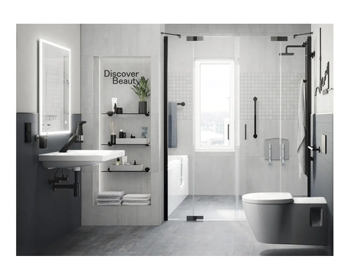 Salle de bains moderne avec lavabo, miroir, étagères, cabine de douche et toilettes pour une atmosphère d'espace lumineuse et fonctionnelle.