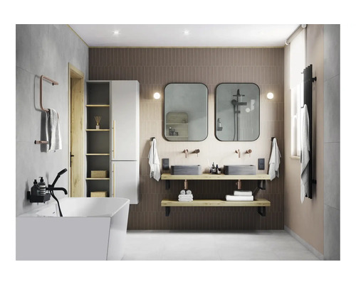 Carrelage mural Ainsa caldera matt 5x25cm Salle de bain lumineuse avec baignoire, lavabos, miroir et étagères pour accessoires de salle de bain