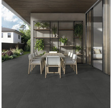 Terrasse avec table à manger et chaises ainsi qu'une étagère avec des plantes