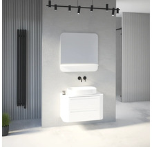 Salle de bains moderne avec meuble sous-vasque suspendu, vasque à poser, robinetterie murale, miroir avec étagère, radiateur et système de rails.