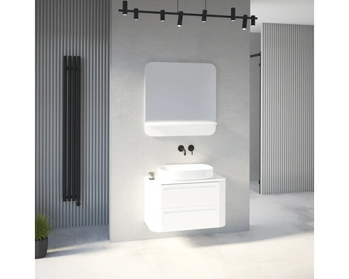 Salle de bains moderne avec meuble sous-vasque suspendu, vasque à poser, robinetterie murale, miroir avec étagère, radiateur et système de rails.