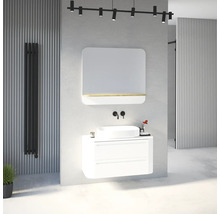 Modernes Badezimmer mit weißem Waschtischunterschrank, Aufsatzwaschbecken, rechteckigem Spiegel und schwarzem vertikalem Heizkörper.
