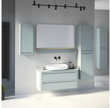 Modernes Badezimmermöbel Set in hellem Mintgrün mit Waschtischunterschrank, Aufsatzwaschbecken, Spiegel und Hochschränken im minimalistischen Design.