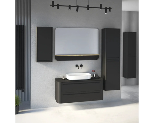 Modernes Badezimmermöbel-Set mit anthrazitfarbenem Waschtischunterschrank, weißem Aufsatzbecken, Spiegel mit Ablage und Hochschränken.