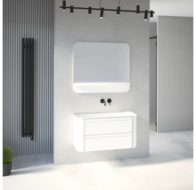Salle de bains moderne avec meuble sous-vasque, miroir, radiateur et éclairage