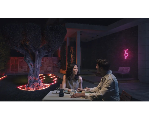 Szene einer abendlichen Gartenparty mit beleuchtetem Baum und Paar beim Abendessen im Freien