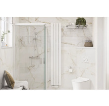 Badezimmer mit Dusche, Heizkörper und Toilette in heller und geräumiger Gestaltung.