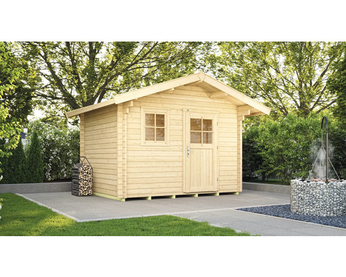 Holzgartenhaus mit Tür und Fenster im Aussenbereich