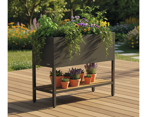 Hochbeet mit verschiedenen Pflanzen und Tontöpfen auf Holzterrasse