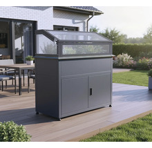 Jardinière surélevée avec armoire et serre châssis dans le jardin.