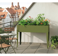 Scène de balcon avec jardinière surélevée, table et chaises