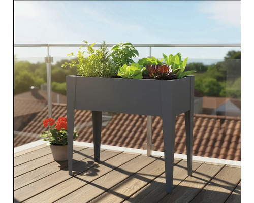 Jardinière sur pieds en métal avec des plantes sur un balcon