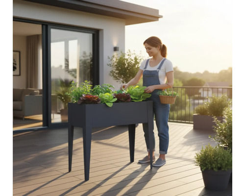 Femme entretenant des légumes dans un potager surélevé sur une terrasse.